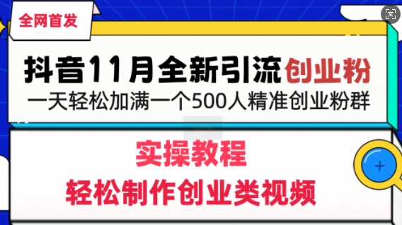 抖音全新引流创业粉，轻松制作创业类视频，一天轻松加满一个500人精准创业粉群-轻资本网