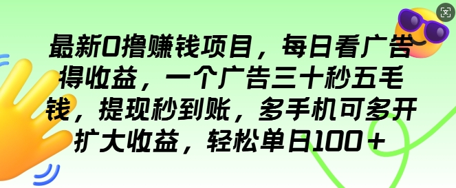 最新0撸项目，每日看广告得收益，一个广告三十秒五毛钱，提现秒到账，轻松单日100+-轻资本网