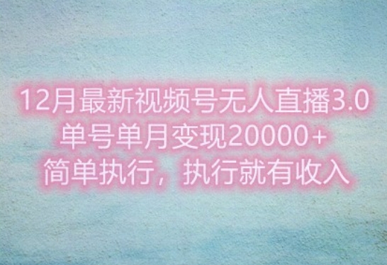 12月最新视频号无人直播3.0，单号单月变现过w，简单执行，执行就有收入-轻资本网