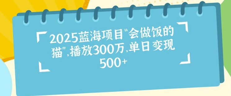 2025蓝海项目“会做饭的猫”，播放300万，单日变现多张-轻资本网