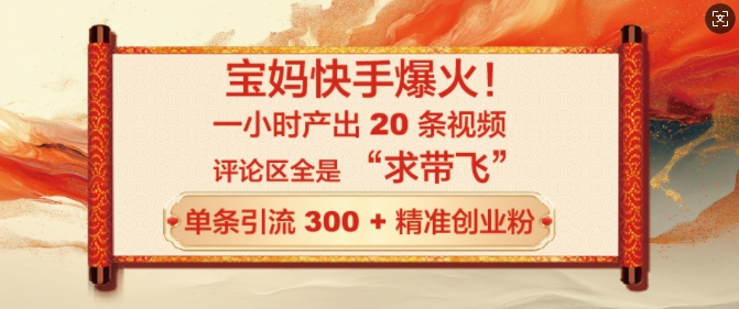 宝妈快手爆火，一小时产出 20 条视频，评论区全是 “求带飞”，单条引流 300 + 精准创业粉-轻资本网