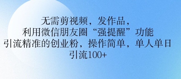 无需剪视频，发作品，利用微信朋友圈功能， 引流精准的创业粉，操作简单，单人单日引流100+-轻资本网