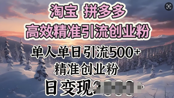 淘宝拼多多高效精准引流创业粉，单人单日引流500+创业粉，日变现多张-轻资本网