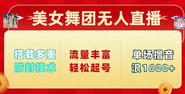 美女舞团无人直播，搭载多重防封技术，流量丰富轻松起号，单人单号可撸音浪多张-轻资本网