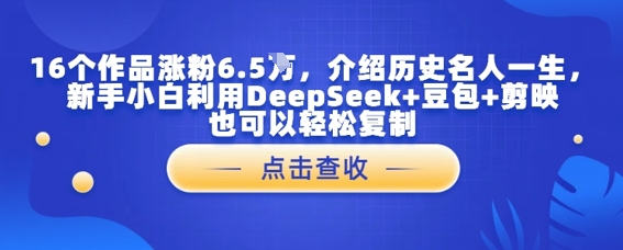 16个作品涨粉6.5W，介绍历史名人一生，新手小白利用DeepSeek+豆包+剪映也可以轻松复制-轻资本网