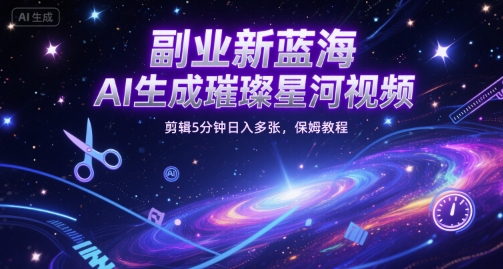 副业新蓝海，AI生成璀璨星河视频，剪辑5分钟日入多张，保姆教程-轻资本网