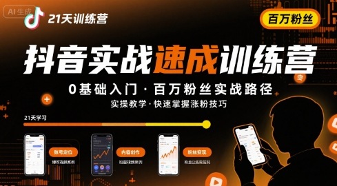 21天抖音实操训练营0基础，抖音百万粉丝实战速成-轻资本网