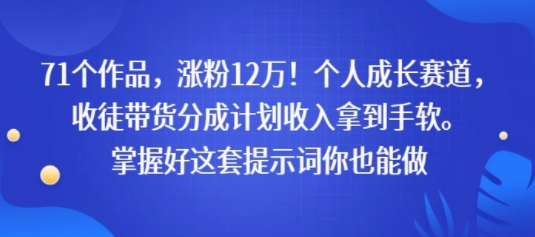 71个作品，涨粉12W！个人成长赛道，收徒带货分成计划收入拿到手软，掌握好这套提示词你也能做-轻资本网