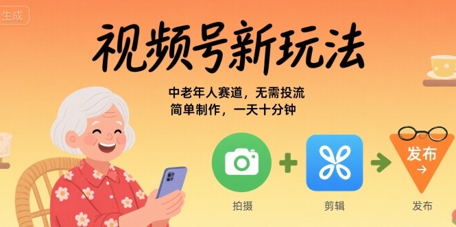 视频号新玩法，中老年人赛道，无需投流，简单制作，一天十分钟，月入1W-轻资本网