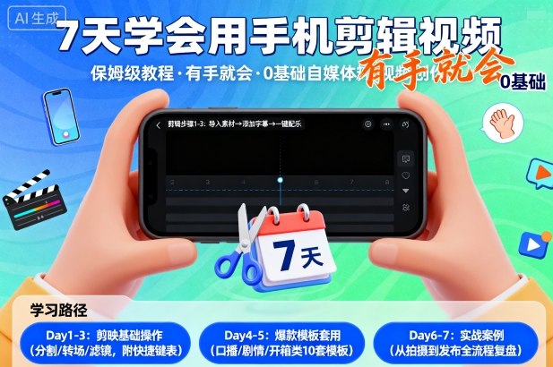 7天学会用手机剪辑视，保姆级教程，有手就会，0基础自媒体短视频创作教程-轻资本网