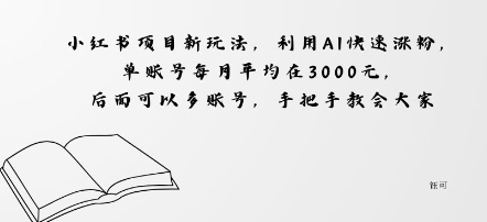小红书项目新玩法，利用AI快速涨粉，单账号每月平均在3k，后面可以多账号，手把手教会-轻资本网
