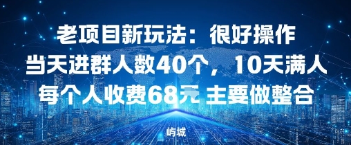 老项目新玩法：很好操作当天进群人数40个，10天满人每个人收费68米 主要做整合-轻资本网