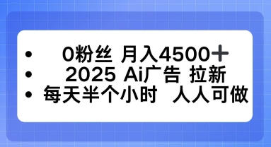 0粉丝月入4.5k+，2025AI广告拉新，每天半个小时，人人可做-轻资本网