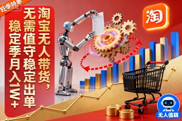 淘宝无人带货，无需值守稳定出单，电商旺季，稳定月入1W+-轻资本网