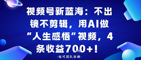 视频号新蓝海：不出镜不剪辑，用AI做“人生感悟”视频，4条收益7张-轻资本网
