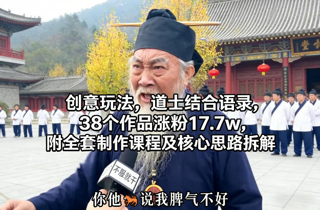 创意玩法，道士结合语录，38个作品涨粉17.7w，附全套制作课程及核心思路拆解-轻资本网