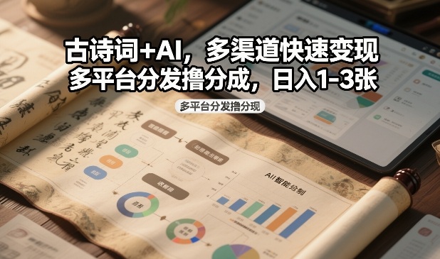 古诗词+AI，多渠道快速变现，多平台分发撸分成，日入1-3张-轻资本网