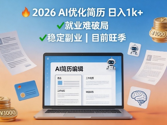 2026用AI优化简历日入1k+就业难，目前旺季，稳定副业-轻资本网