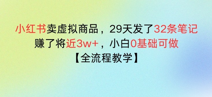 小红书卖虚拟商品，29天发了32条笔记，搞了将近3w+，全流程教学-轻资本网
