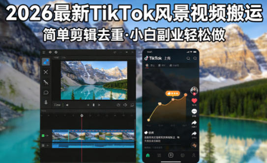 2026最新TikTok风景视频搬运简单剪辑去重，小白副业月入8k-轻资本网