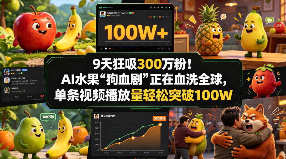 9天狂吸300w粉！AI水果“狗血剧”正在血洗全球，单条视频播放量轻松突破100W-轻资本网