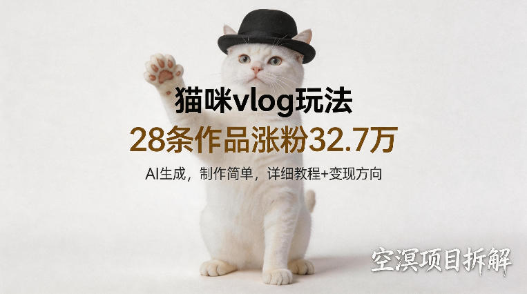 猫咪vlog玩法，28条作品涨粉32.7W，AI生成，制作简单，详细教程+变现方向-轻资本网