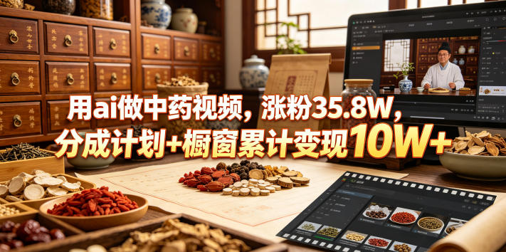 用ai做中药视频，涨粉35.8W，分成计划+橱窗累计变现10W+-轻资本网