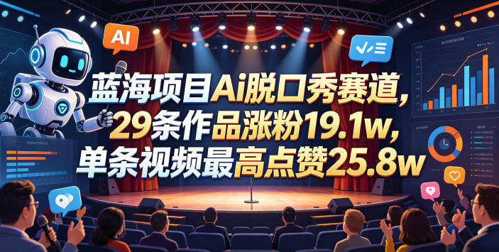 蓝海项目Ai脱口秀赛道，29条作品涨粉19.1w，单条视频最高点赞25.8w【详细教学】-轻资本网