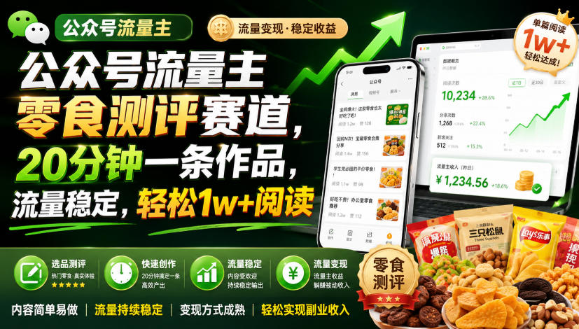 公众号流量主零食测评赛道,20分钟一条作品,流量稳定,轻松1w+阅读
