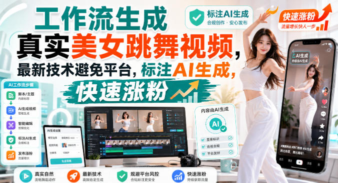 工作流生成真实美女跳舞视频,最新技术避免平台,标注AI生成,快速涨粉