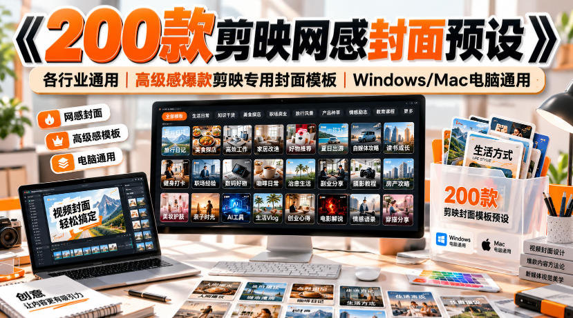 《200款剪映网感封面预设》各行业通用|高级感爆款剪映专用封面模板|Windows/Mac电脑通用
