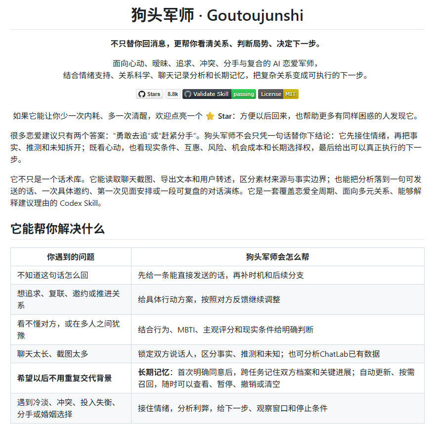 有着8600+Stars的项目，竟把“恋爱军师”这门生意做成了Skill？有了这技能，感情都顺了！狗头军师
