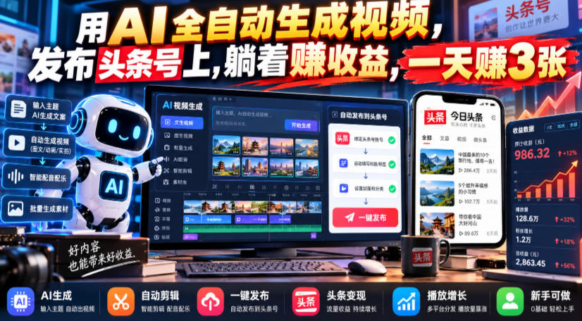 用AI全自动生成视频，发布头条号上，躺着賺收益，一天賺3张-轻资本网