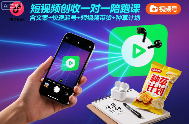 短视频创收一对一陪跑课，含文案+快速起号+短视频带货+种草计划-轻资本网