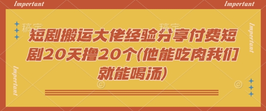 短剧搬运大佬经验分享付费短剧20天撸20个(他能吃肉我们就能喝汤)-轻资本网