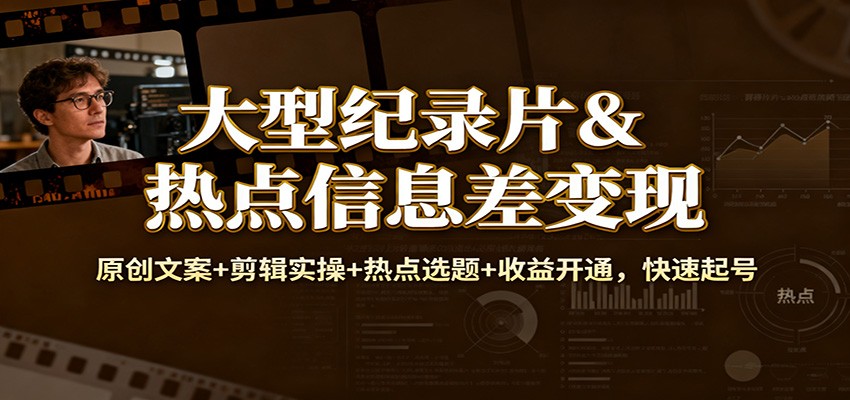 大型纪录片&热点信息差变现：原创文案+剪辑实操+热点选题+收益开通，快速起号-轻资本网