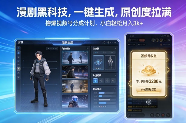 漫剧黑科技，一键生成，原创度拉满，撸爆视频号分成计划，小白轻松月入3k+-轻资本网