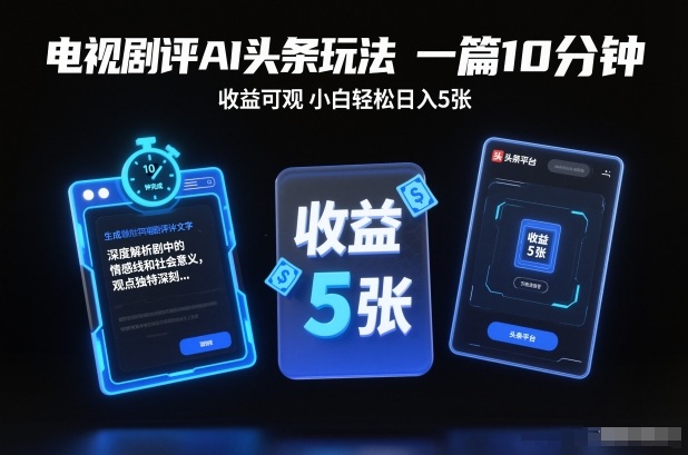 电视剧评AI头条玩法，一篇10分钟，收益可观，小白轻松日入5张+【独家】-轻资本网