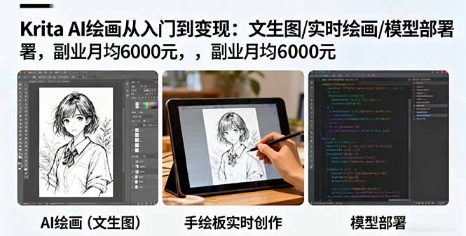 Krita AI绘画从入门到变现：文生图/实时绘画/模型部署，副业月均6000元-轻资本网