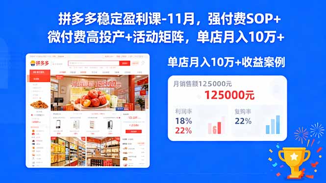 拼多多稳定盈利课-11月，强付费SOP+微付费高投产+活动矩阵，单店月入10w+-轻资本网