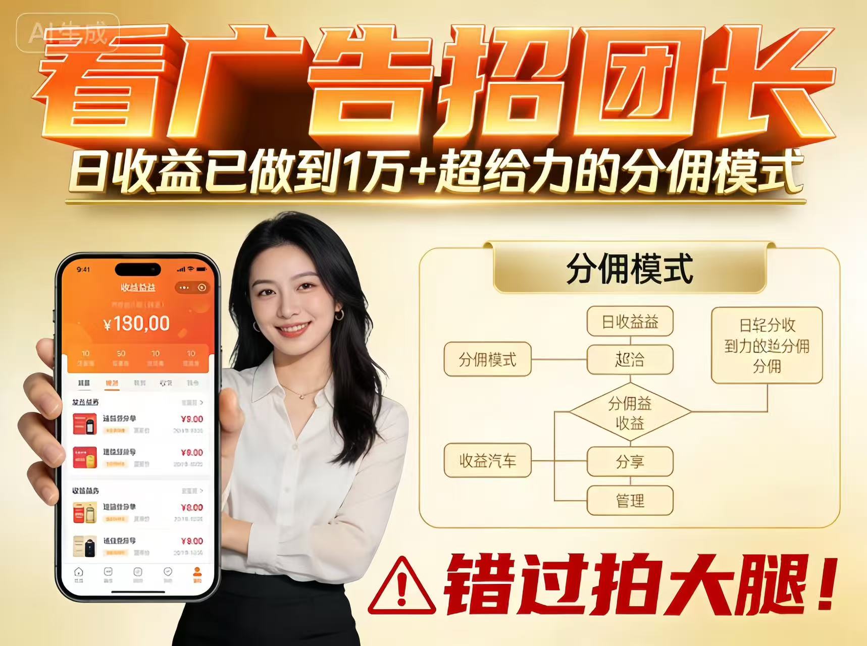 看广告招团长，团队收益已做到日入1万，分佣模式超给力，错过拍大腿-轻资本网