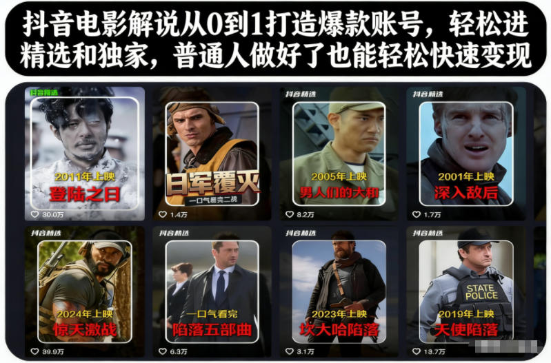 抖音电影解说从0到1打造爆款账号，轻松进精选和独家，普通人做好了也能轻松快速变现-轻资本网
