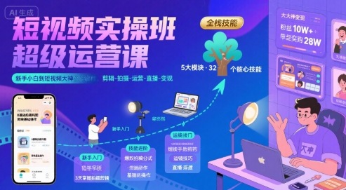 短视频实操班超级运营课，新手小白到短视频大神必修课程，剪辑-拍摄-运营-直播-变现-轻资本网