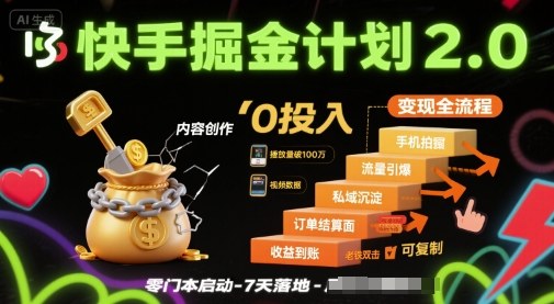 快手掘金计划2.0，快手电商变现全流程，简单可复制，0投入-轻资本网