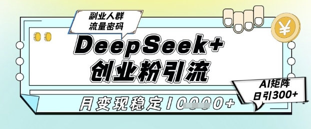 DeepSeek+创业粉精准引流，全新分享课4.0玩法，AI矩阵日引300+，多种变现方式，稳定月入1W-轻资本网