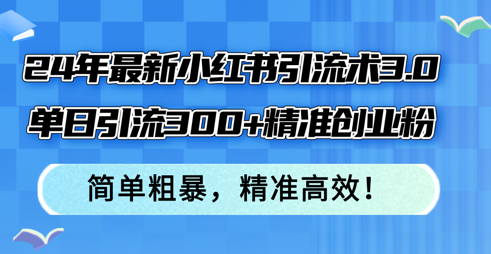 24年最新小红书引流术3.0，单日引流300+精准创业粉，简单粗暴，精准高效！-轻资本网