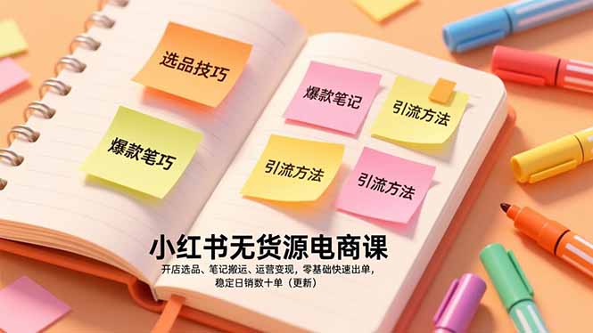小红书无货源电商课，开店选品、笔记搬运、运营变现，零基础快速出单，稳定日销数十单(更新-轻资本网