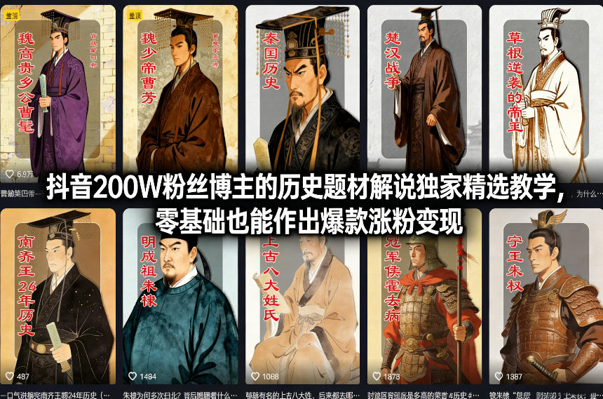 抖音200W粉丝博主的历史题材解说独家精选教学，零基础也能作出爆款涨粉变现-轻资本网