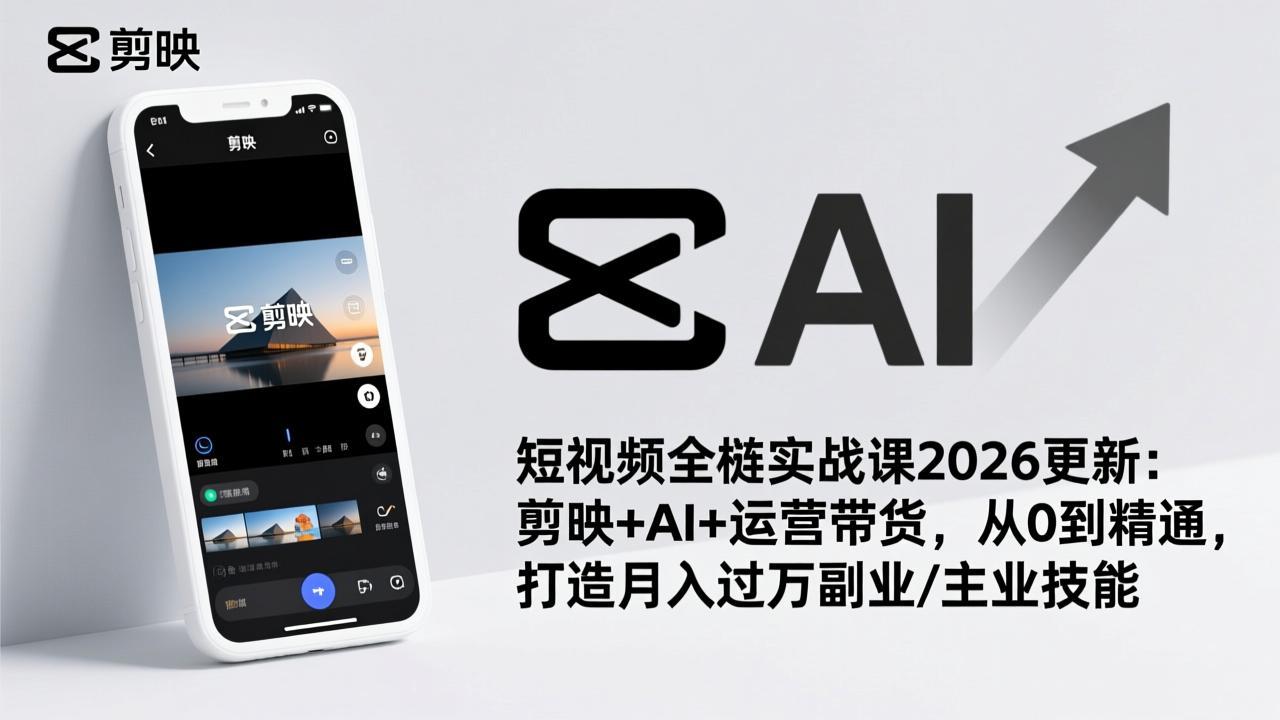 短视频全栈实战课2026更新：剪映+AI+运营带货，从0到精通，打造月入过万副业/主业技能-轻资本网
