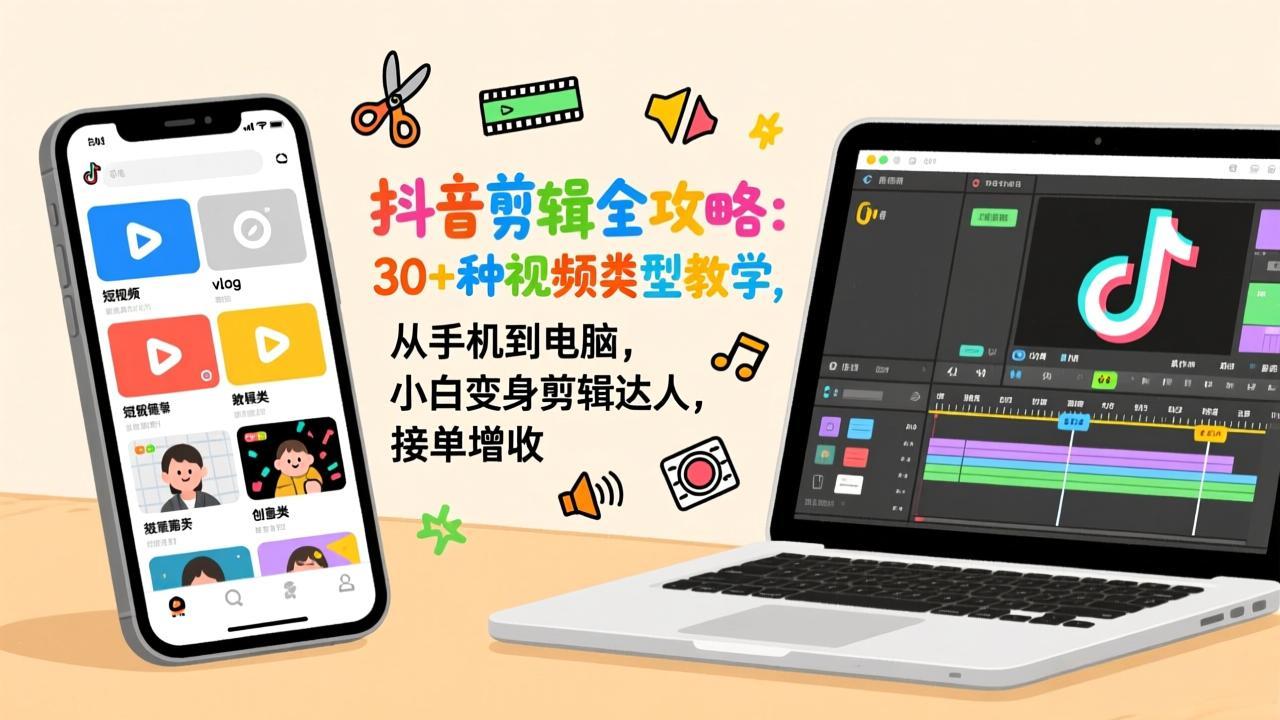 抖音剪辑全攻略：30+种视频类型教学，从手机到电脑，小白变身剪辑达人，接单增收-轻资本网